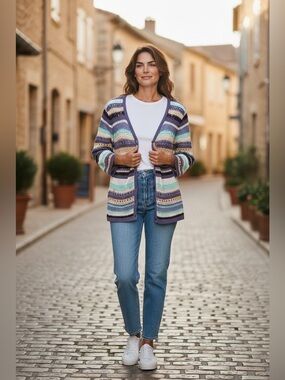Striped Open-Knit Cardigan Sweater